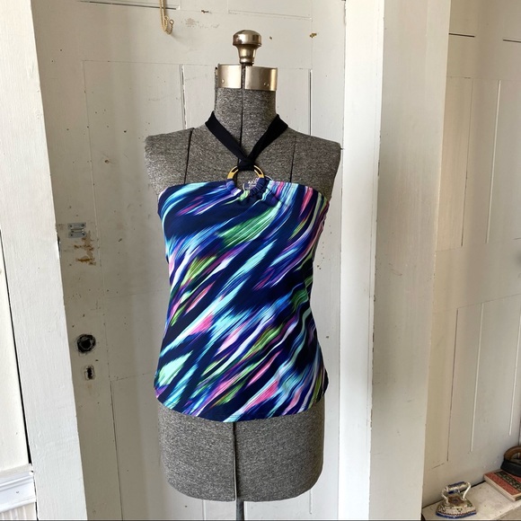 La Blanca Diagonal Stripe Ornamental Halter Tankini Suimsuit Top - Picture 2 of 11